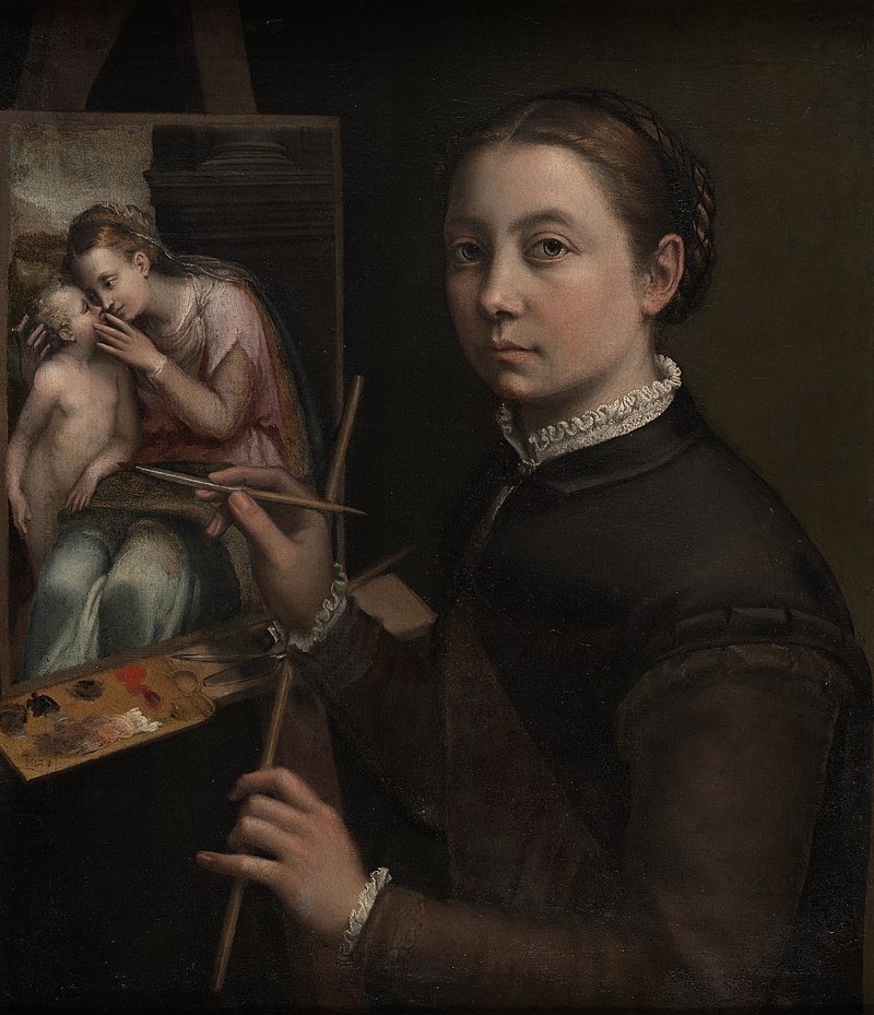 A self-portrait of the artist at the easel, painting an image of the Virgin Mary and infant Jesus. She is holding a brush in one hand and a Mahl stick in the other. She looks up from her work and directly at the viewer with a bright, neutral expression. 